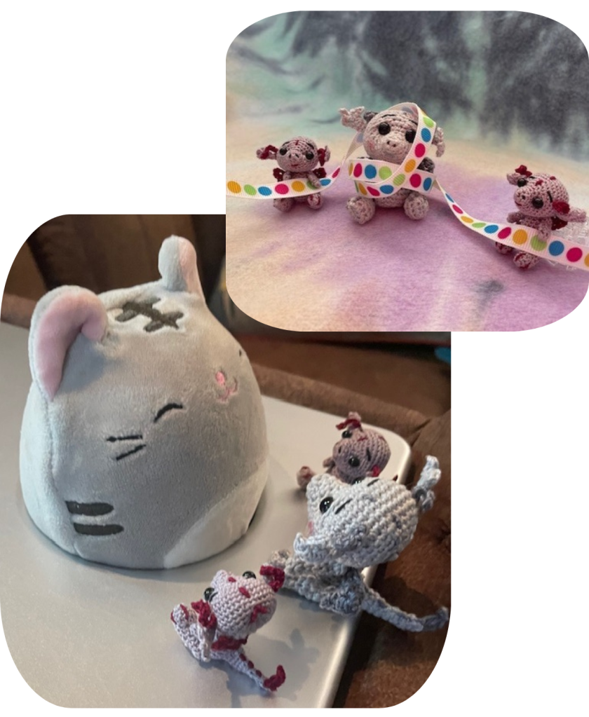 Two photos, top right is one grey dragon, two purple, smaller dragons, all three playing with a polka dot ribbon. Bottom left is a smiling grey kitten plushy surrounded by the three little dragons.